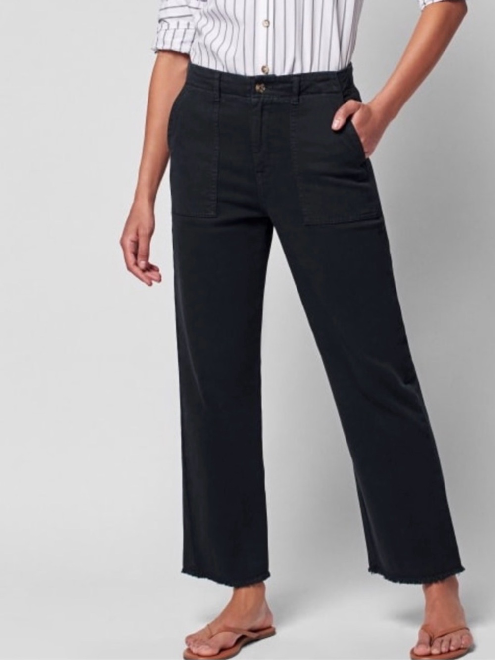 FAHERTY Utility Pants Organic Cotton Gray Washed Black Raw Hem Size 26